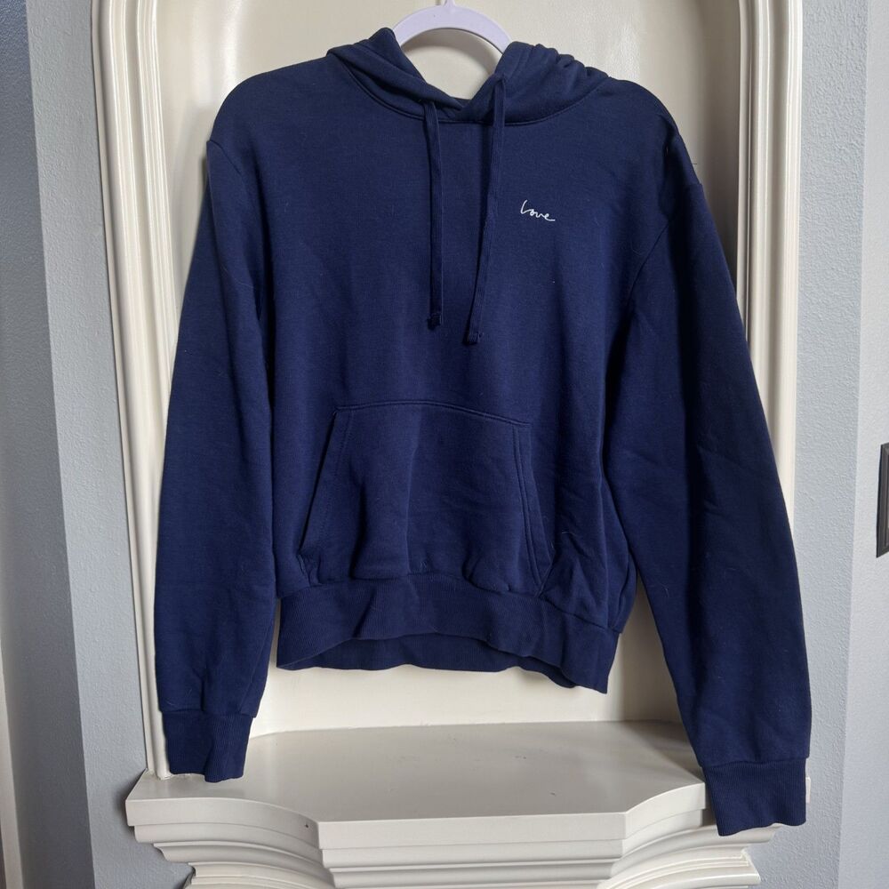 H&M Divided Blue/Navy Hooded Top with Love Embroidery Size M